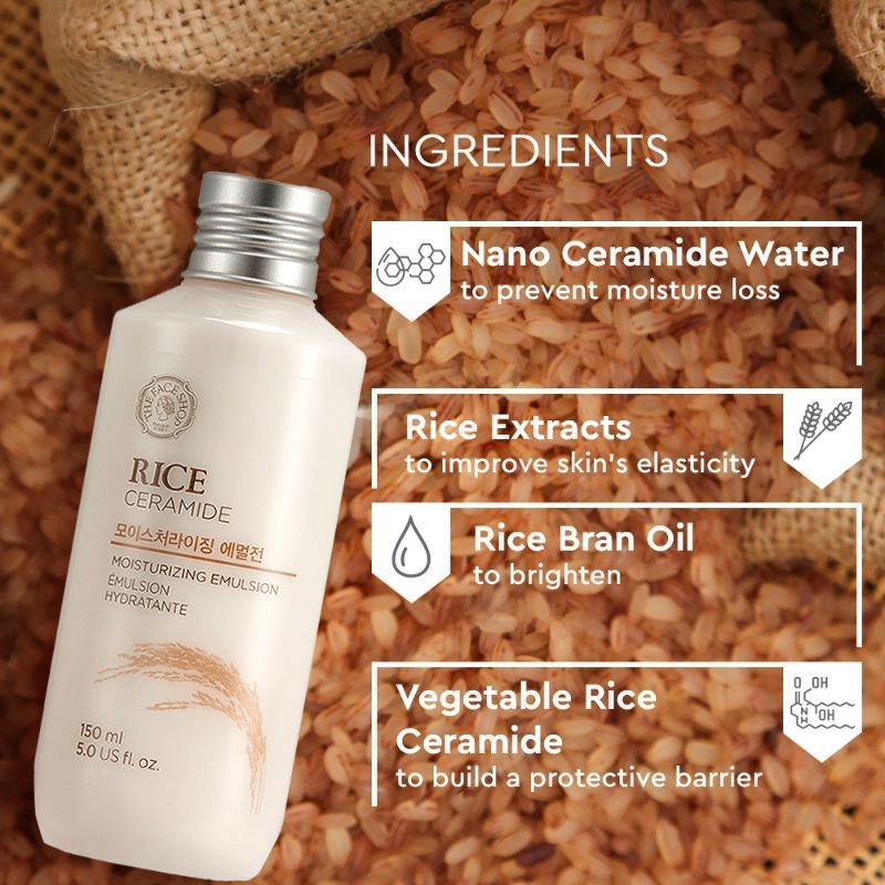 The Face Shop Rice & Ceramide Emulsion - Korean Brightening Moisturizer/Cream for Dull & Dry Skin (150ml)