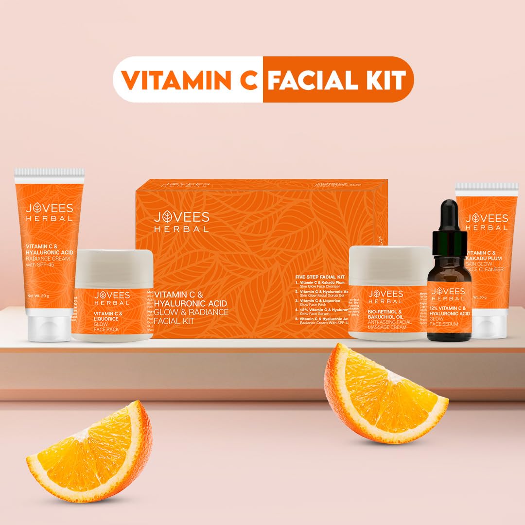 Jovees Herbal Vitamin C & Hyaluronic Acid Glow & Radiance Mini Facial Kit For Brighter & Glowing Skin | Kit For Improves Uneven Skin Tone, Fines Lines & Dullness 215g
