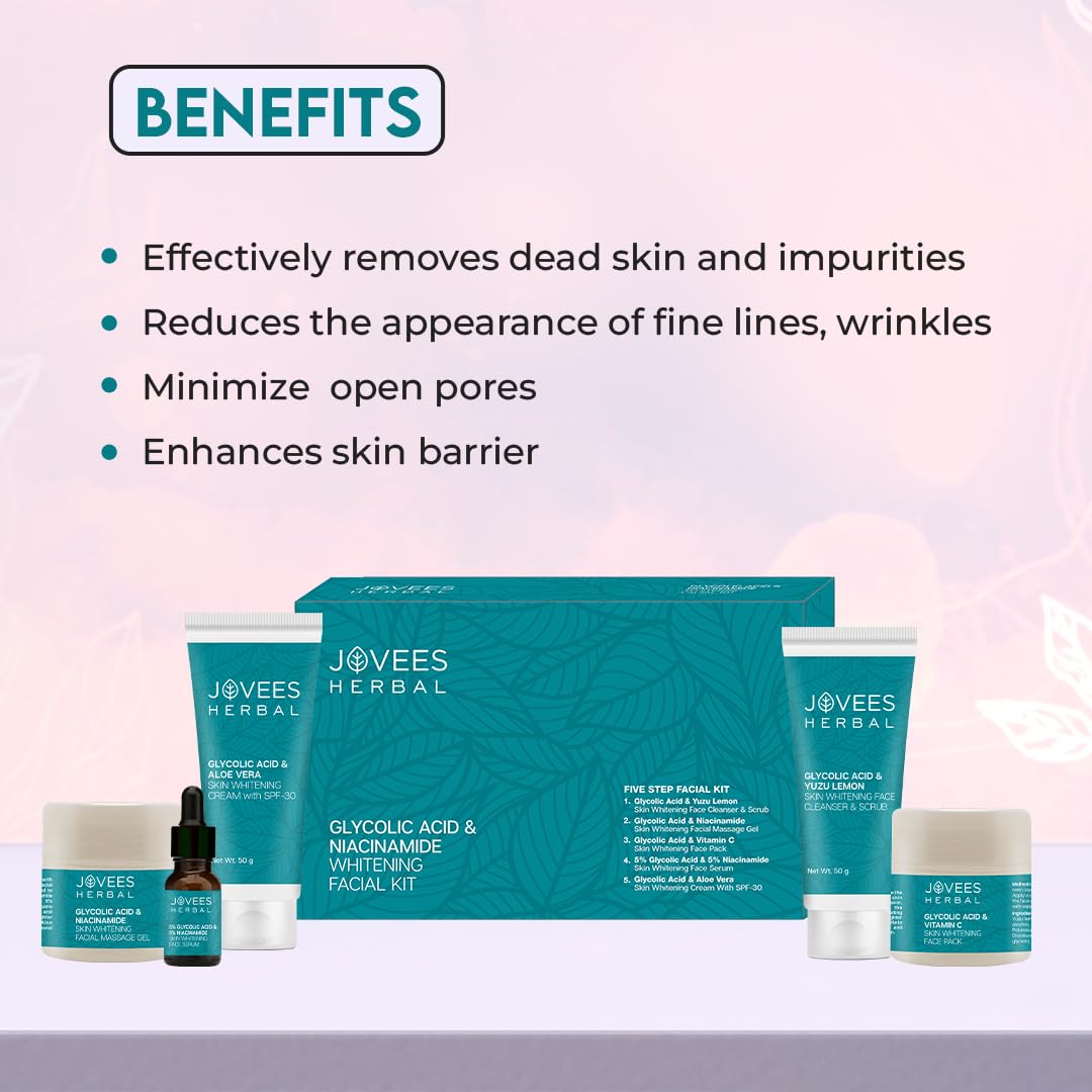 Jovees Herbal Glycolic Acid & Niacinamide Whitening Mini Facial Kit For Brighter & Hydrated Skin | Kit for Improves Uneven Skin Tone, Dark Spots & Dullness 53g