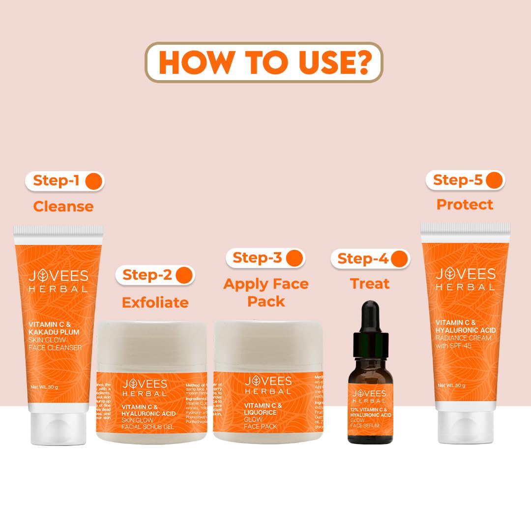 Jovees Herbal Vitamin C & Hyaluronic Acid Glow & Radiance Mini Facial Kit For Brighter & Glowing Skin | Kit For Improves Uneven Skin Tone, Fines Lines & Dullness 215g