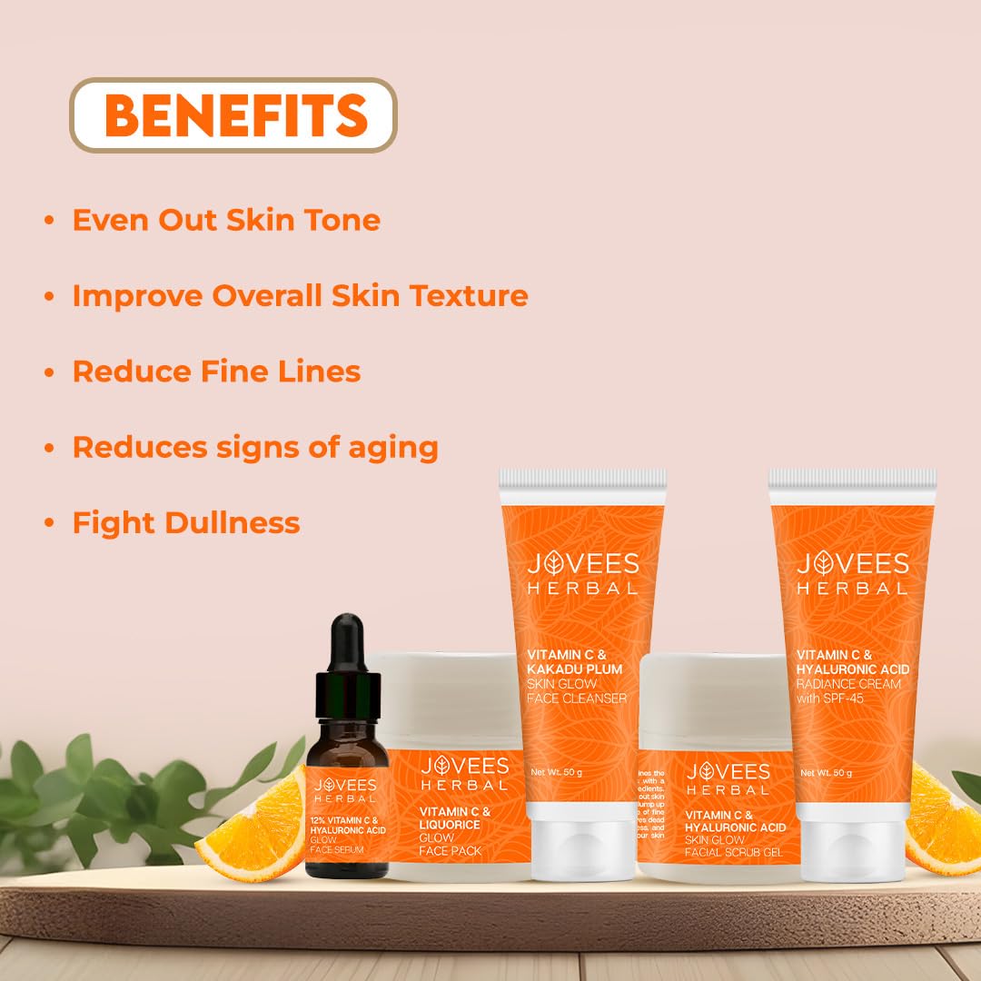 Jovees Herbal Vitamin C & Hyaluronic Acid Glow & Radiance Mini Facial Kit For Brighter & Glowing Skin | Kit For Improves Uneven Skin Tone, Fines Lines & Dullness 215g