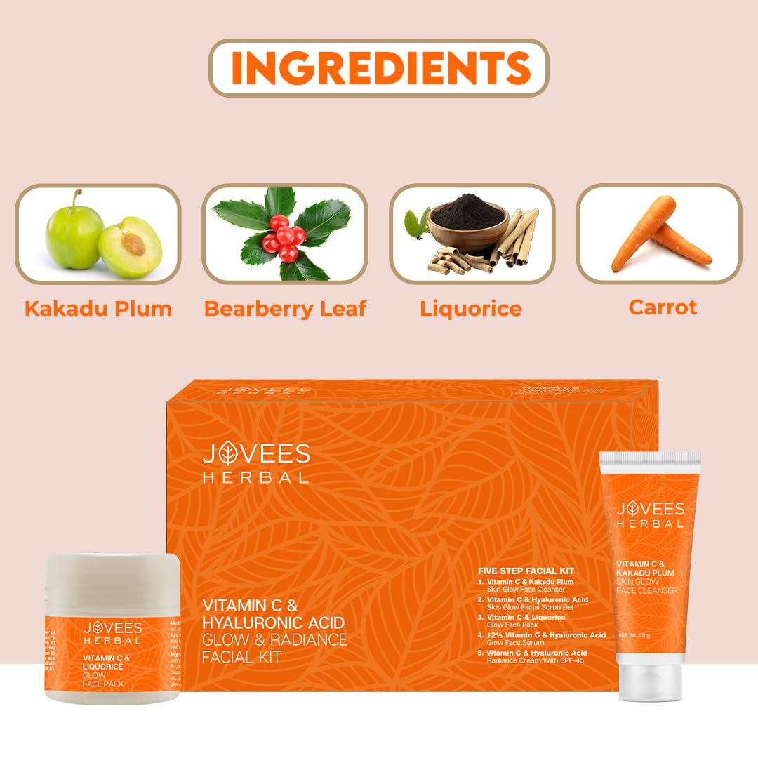 Jovees Herbal Vitamin C & Hyaluronic Acid Glow & Radiance Mini Facial Kit For Brighter & Glowing Skin | Kit For Improves Uneven Skin Tone, Fines Lines & Dullness 215g