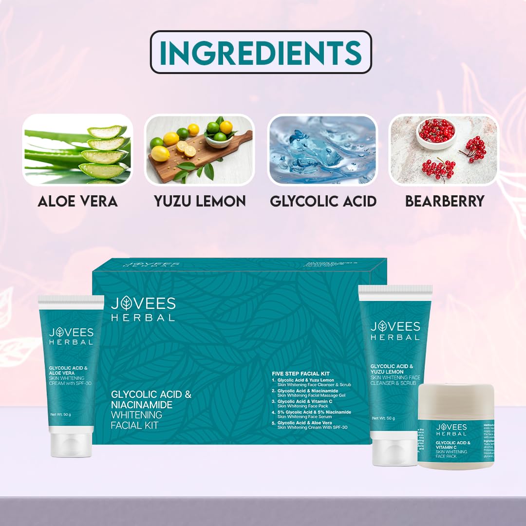 Jovees Herbal Glycolic Acid & Niacinamide Whitening Mini Facial Kit For Brighter & Hydrated Skin | Kit for Improves Uneven Skin Tone, Dark Spots & Dullness 53g