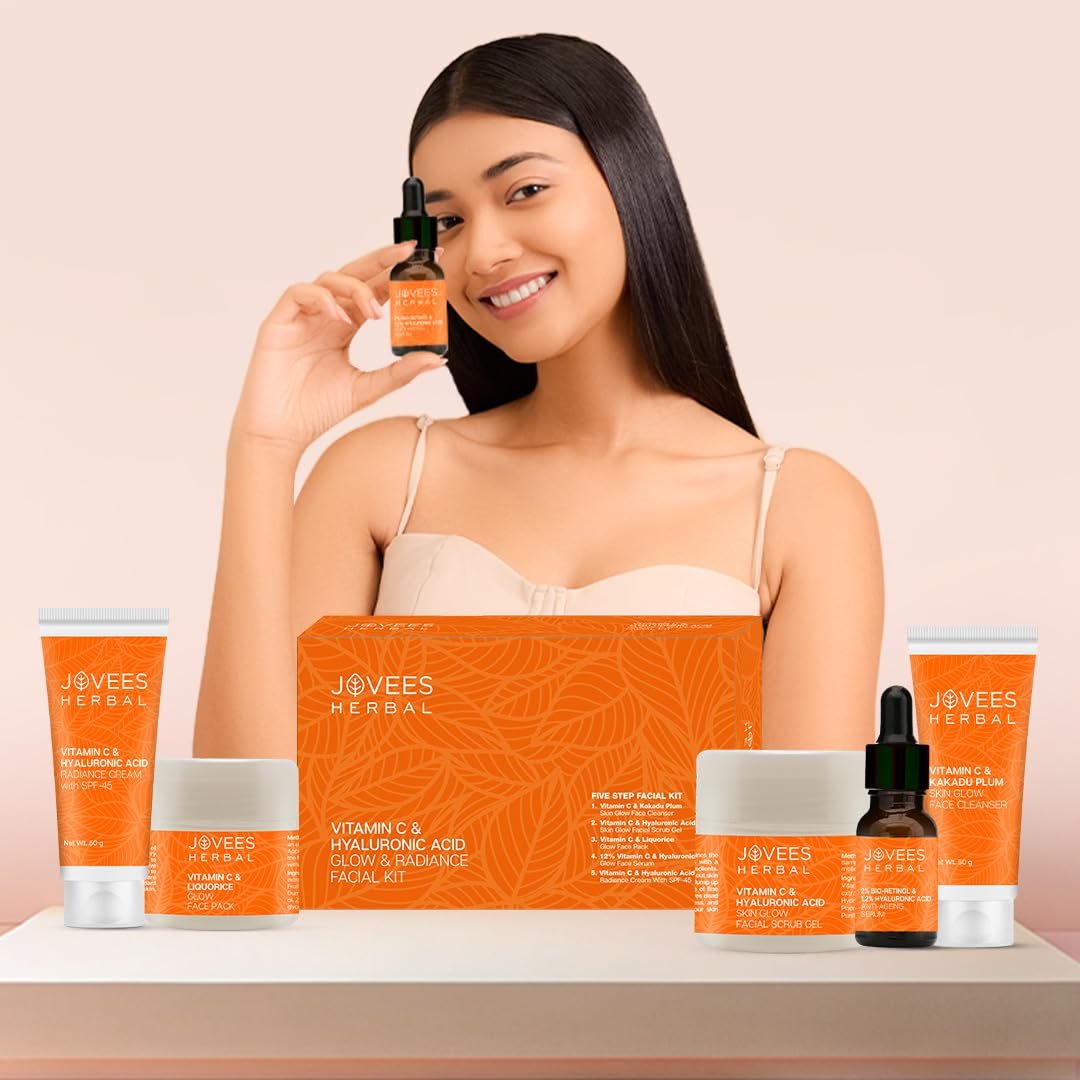 Jovees Herbal Vitamin C & Hyaluronic Acid Glow & Radiance Mini Facial Kit For Brighter & Glowing Skin | Kit For Improves Uneven Skin Tone, Fines Lines & Dullness 215g