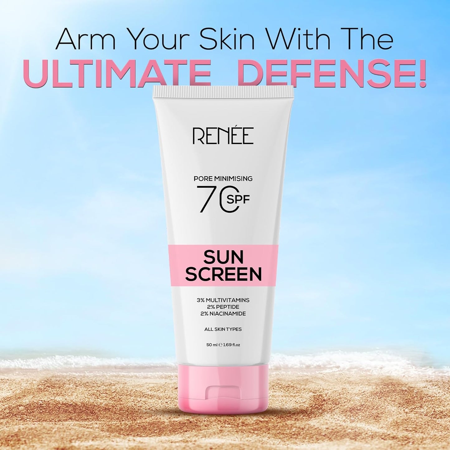 RENEE Pore Minimizing Sunscreen Spf 70 With 2% Niacinamide For All Skins, 2% Peptide & 3% Multivitamins, (50 ml)