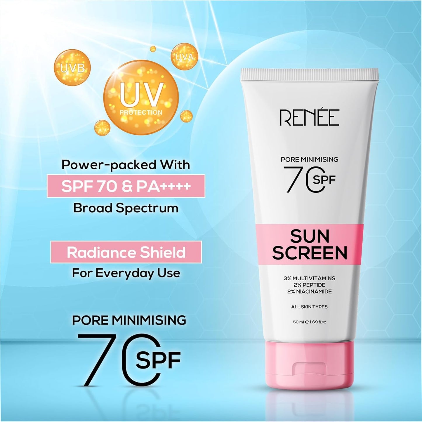 RENEE Pore Minimizing Sunscreen Spf 70 With 2% Niacinamide For All Skins, 2% Peptide & 3% Multivitamins, (50 ml)
