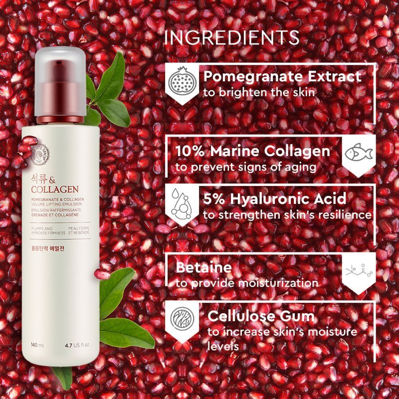 The Face Shop Pomegranate & Collagen Emulsion - Anti Aging Korean Moisturizer with Hyaluronic Acid (140ml)